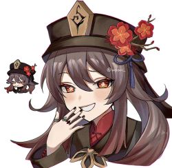 Rule 34 | 1girl, artist name, black hat, black nails, blush, brown coat, brown hair, chibi, coat, commentary request, cropped shoulders, eyelashes, fingernails, flower, flower-shaped pupils, genshin impact, genshin impact sticker redraw (meme), grin, hair between eyes, hand up, hat, highres, hu tao (genshin impact), jewelry, laughing, long hair, long sleeves, looking at viewer, meme, multiple rings, nail polish, parted lips, plum blossoms, porkpie hat, red eyes, red flower, red shirt, reference inset, ring, shirt, sidelocks, smile, solo, symbol-shaped pupils, tassel, twitter username, upper body, white background, woooi