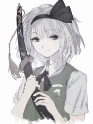 Rule 34 | 1girl, alternate eye color, bow, geppewi, grey eyes, hairband, katana, konpaku youmu, looking at viewer, one-hour drawing challenge, shirt, short hair, short sleeves, silver hair, simple background, smile, solo, sword, touhou, weapon, white background, white shirt