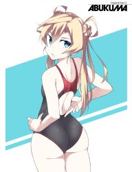 Rule 34 | 1girl, abukuma (kancolle), alternate costume, ass, bad id, bad twitter id, black one-piece swimsuit, blonde hair, blue eyes, character name, commentary request, competition swimsuit, cowboy shot, double bun, from behind, gesture, hair between eyes, hair bun, hair rings, hand on own hip, kantai collection, long hair, looking at viewer, looking back, one-piece swimsuit, shigino sohuzi, solo, swimsuit, triangle mouth, two-tone background, white background