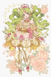 Rule 34 | 1girl, :d, arms at sides, bare shoulders, boots, colored eyelashes, crown, dress, drill hair, falulu, falulu (awakened), floral background, flower, forehead jewel, full body, gears, gold trim, green hair, grey eyes, headphones, highres, idol clothes, long hair, looking at viewer, meremero, open mouth, parted bangs, pink flower, pink rose, pretty series, pripara, rose, sidelocks, smile, solo, standing, thigh boots, twin drills, twintails, very long hair, wing hair ornament, yellow dress