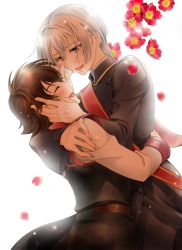 Rule 34 | 10s, 2boys, :d, black jacket, blush, brown hair, couple, closed eyes, flower, hair between eyes, happy, head down, highres, hug, jacket, kakumeiki valvrave, l-elf, leaning, leaning back, long sleeves, looking at another, looking down, male focus, multiple boys, neck, open mouth, petals, purple eyes, red flower, short hair, silver hair, simple background, sm chika, smile, standing, tears, tokishima haruto, uniform, white background, yaoi