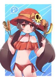 Rule 34 | 1girl, ashley (warioware), bikini, bikini top only, blush, border, bow, closed mouth, collarbone, dot nose, female focus, food, frilled bikini top, frills, hair between eyes, hair tie, hands up, hat, hat bow, hat ornament, holding, holding food, jitome, long hair, looking at viewer, meiwari, musical note, navel, nintendo, orange bow, outside border, pout, red bikini, red eyes, shiny skin, side-tie bikini bottom, sidelocks, skewer, skull, solo, speech bubble, spoken musical note, standing, stomach, sun hat, swimsuit, twintails, very long hair, warioware, white border, witch