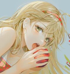 Rule 34 | 1girl, :o, ahoge, apple, bare shoulders, blonde hair, blue background, blush, collarbone, earrings, food, from above, fruit, green eyes, green nails, hair behind ear, hair between eyes, hairband, holding, holding food, holding fruit, hoop earrings, jewelry, long hair, looking at viewer, lying, ma yoyo, nail polish, on side, open mouth, original, portrait, red apple, red hairband, red shirt, shirt, simple background, solo, strapless, strapless shirt, teeth, upper teeth only