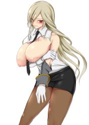 Rule 34 | 1girl, between breasts, blonde hair, blush, breast hold, breasts, breasts out, cleavage, dress shirt, eiyuu chronicle, empty eyes, gloves, hair over one eye, highres, huge breasts, large areolae, leaning forward, long hair, looking at viewer, mitsuru (madeinore), mole, mole under mouth, necktie, necktie between breasts, nihel angrboda, nipples, panties, panties under pantyhose, pantyhose, pantyshot, pencil skirt, red eyes, shirt, skirt, solo, standing, torn clothes, torn shirt, transparent background, underwear, very long hair, white gloves, white shirt