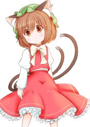 Rule 34 | 1girl, absurdres, animal ears, brown eyes, brown hair, cat ears, cat tail, chen, earrings, feet out of frame, green hat, hat, highres, jewelry, mob cap, multiple tails, nekomata, single earring, solo, tail, touhou, two tails, uru (uru0301), white background