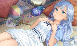 Rule 34 | 1girl, bag, blue eyes, blue hair, blue jacket, blush, commentary request, dress, expressionless, frilled dress, frills, hand fan, handbag, hands on own chest, highres, idolmaster, idolmaster million live!, idolmaster million live! theater days, jacket, light blue hair, long hair, looking at viewer, low-tied long hair, lying, on back, open clothes, open jacket, paper fan, pillow, shiraishi tsumugi, short sleeves, solo, tatami, uchiwa, white dress, yoropa