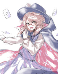 Rule 34 | 1girl, :d, black cape, black hat, book, bow, brown eyes, brown hair, cape, card, commentary request, cowboy shot, fedora, glasses, hand up, hat, hat bow, high collar, holding, holding book, long hair, long sleeves, looking at viewer, low twintails, open mouth, purple skirt, purple vest, re (re 09), red-framed eyewear, runes, semi-rimless eyewear, shirt, simple background, skirt, smile, solo, swept bangs, touhou, twintails, under-rim eyewear, usami sumireko, vest, white background, white bow, white shirt, zener card