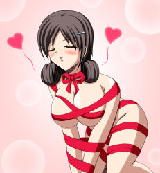 Rule 34 | 1girl, artist request, ass, bare shoulders, bent over, blush, breasts, brown hair, closed eyes, corpse party, curly hair, gradient background, hair ornament, hairpin, hanging breasts, heart, imminent kiss, incoming kiss, large breasts, long hair, naked ribbon, ribbon, shinohara seiko, shiny skin, skindentation, solo