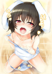 Rule 34 | 1girl, animal ears, black hair, blush, breasts, rabbit ears, collarbone, cum, cum in mouth, cum on body, cum on breasts, cum on upper body, heavy breathing, inaba tewi, one-piece swimsuit, open mouth, red eyes, school swimsuit, short hair, small breasts, solo, swimsuit, tirotata, touhou, white school swimsuit, white one-piece swimsuit