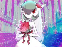 Rule 34 | 1girl, 4shiki, bare shoulders, bob cut, bouquet, bridal veil, bride, church, closed mouth, colored skin, creatures (company), dot mouth, dress, elbow gloves, expressionless, female focus, flat chest, flower, game freak, gardevoir, gen 3 pokemon, gloves, green hair, hair between eyes, hair flower, hair ornament, hands up, holding, holding bouquet, indoors, looking at viewer, mega gardevoir, mega pokemon, nintendo, outline, own hands together, pokemon, pokemon (creature), red eyes, red flower, red ribbon, red rose, ribbon, rose, see-through, short hair, solo, standing, strapless, strapless dress, upper body, veil, wedding dress, white dress, white gloves, white outline, white skin