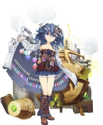 Rule 34 | 1girl, alchemy, blue eyes, blue hair, blue skirt, boots, electricity, female focus, flask, full body, glasses, hair ornament, hairclip, lab coat, looking at viewer, machinery, makina (sennen sensou aigis), matching hair/eyes, nanaroku (fortress76), official art, potion, pouch, sennen sensou aigis, skirt, smile, smoke, solo, standing, steam, transparent background, vial