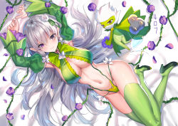 Rule 34 | 1girl, absurdres, alternate color, armpits, arms up, bed sheet, breasts, brown eyes, cleavage, commentary, creatures (company), detached sleeves, flower, frilled sleeves, frills, from above, game freak, gen 4 pokemon, green footwear, green thighhighs, groin, hair flower, hair ornament, heterochromia, high heels, highres, humanization, large breasts, long sleeves, lying, navel, nintendo, on back, on bed, original, petals, pointy ears, pokemon, pokemon (creature), purple eyes, purple flower, purple rose, revealing clothes, rose, rose petals, roserade, shanguier, shiny pokemon, silver hair, sparkle, stomach, symbol-only commentary, thighhighs, thorns, white flower, white rose