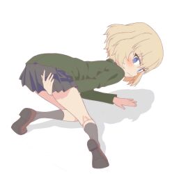Rule 34 | 1girl, arm support, bent over, between legs, black skirt, black socks, blonde hair, blue eyes, blush, bob cut, brown footwear, closed mouth, commentary request, frown, girls und panzer, green jacket, hand between legs, jacket, katyusha (girls und panzer), kayabakoro, kneeling, loafers, long sleeves, looking at viewer, looking back, miniskirt, pleated skirt, pose imitation, pravda school uniform, school uniform, shadow, shoes, short hair, simple background, skirt, skirt tug, socks, solo, white background