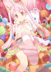 Rule 34 | 1girl, babydoll, bare shoulders, camisole, candy, candy cane, chemise, feet, food, fred04142, hair ribbon, lollipop, long hair, looking at viewer, midriff, original, outstretched leg, pink eyes, pink hair, ribbon, single thighhigh, sitting, skirt, smile, solo, striped clothes, striped thighhighs, thighhighs, twintails, very long hair