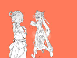 Rule 34 | 2girls, ^ ^, armband, back bow, bare shoulders, belt, blush, bow, bow-shaped hair, braid, breath, china dress, chinese clothes, closed eyes, cowboy shot, dress, embarrassed, facing another, fang, female focus, fingerless gloves, flower, from behind, full body, genshin impact, gloves, greyscale with colored background, hair between eyes, hair ribbon, hand up, hat, hat flower, heart, hu tao (genshin impact), japanese text, leg up, long hair, long sleeves, lucifina 006, multiple girls, nervous, nervous smile, nose blush, open mouth, orange background, porkpie hat, pussy juice, raised eyebrows, ribbon, shoes, short dress, short hair, side slit, simple background, skin fang, sleeveless, sleeveless dress, smile, standing, standing on one leg, steam, steaming body, sweat, tassel, thighhighs, translation request, trembling, twintails, walking, xiangling (genshin impact)