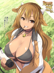 Rule 34 | animal ears, bell, neck bell, bikini, bikini top only, black bikini, breasts, brown eyes, brown hair, collar, cow ears, cow girl, cow horns, cow tail, food, food in mouth, horns, huge breasts, jacket, looking at viewer, milking machine, mouth hold, open clothes, open jacket, original, pocky, shirt, smile, swimsuit, tail, tan, yoshikawa hideaki