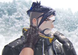 Rule 34 | 2boys, alternate costume, bara, beard, breath, brown hair, cassidy (overwatch), couple, earrings, facial hair, glint, gloves, goatee, hanzo (overwatch), hozu (hozumi), jewelry, leather, leather gloves, long sideburns, looking at viewer, loose hair strand, male focus, mature male, multiple boys, mustache, overwatch, pov, pov hands, short hair, sideburns, snowing, solo focus, thick eyebrows, undercut, upper body, yaoi