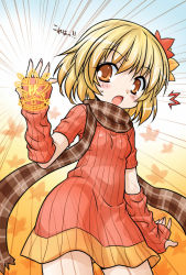 Rule 34 | 1girl, aki shizuha, akou roushi, alternate costume, arm up, arm warmers, blonde hair, blush, detached sleeves, dress, emphasis lines, female focus, g gundam, gundam, hair ornament, leaf, leaf hair ornament, leaf on head, object on head, open mouth, parody, plaid, plaid scarf, ribbed sweater, scarf, shining finger, short hair, solo, ^^^, sweater, sweater dress, touhou, translated, yellow eyes