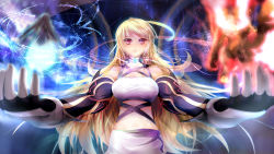 Rule 34 | 1girl, absurdres, ahoge, bare shoulders, blonde hair, breasts, choker, detached sleeves, female focus, fingerless gloves, garyljq, gloves, gradient background, highres, long hair, magic, midriff, milla maxwell, miniskirt, multicolored hair, outstretched arms, red eyes, skirt, smile, solo, tales of (series), tales of xillia, white skirt