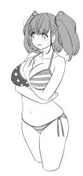 Rule 34 | 1girl, american flag bikini, atlanta (kancolle), between breasts, bikini, breasts, cleavage, cropped legs, flag print, greyscale, highres, kantai collection, large breasts, long hair, looking to the side, monochrome, side-tie bikini bottom, solo, swimsuit, tamu (mad works), two side up, wince
