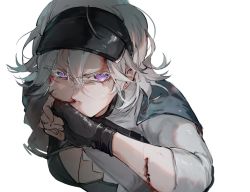 Rule 34 | 1girl, angry, bleeding, blood, blood on face, breasts, chinese commentary, cleavage, commentary request, cuts, fingerless gloves, girls&#039; frontline, gloves, hair between eyes, imoko (imonatsuki), injury, medium breasts, nosebleed, purple eyes, silver hair, sl8 (girls&#039; frontline), solo, visor cap, white background, wiping mouth