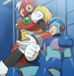Rule 34 | 2boys, :d, against wall, android, armor, blonde hair, blue bodysuit, blue eyes, blue headwear, bodysuit, ceiling light, clenched hand, closed mouth, commentary request, gloves, green eyes, helmet, highres, hoshi mikan, long hair, looking at another, looking at viewer, male focus, mega man (series), x (mega man), mega man x (series), multiple boys, open mouth, red headwear, robot ears, sitting, smile, standing, white gloves, zero (mega man)
