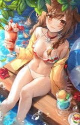 Rule 34 | absurdres, animal collar, animal ears, bad id, bad pixiv id, ball, beachball, bikini, braid, breasts, brown eyes, brown hair, closed eyes, clothes down, collar, commentary request, cup, dessert, dog ears, dog girl, drink, drinking glass, drinking straw, flower, food, from above, fruit cup, halterneck, highres, holding, holding cup, holding food, hololive, huge filesize, ice cream, inugami korone, inugami korone (1st costume), leaf, legs, light smile, long hair, looking at viewer, medium breasts, minttchocok, navel, shadow, side-tie bikini bottom, sitting, soaking feet, solo, string bikini, swimsuit, twin braids, virtual youtuber, water drop, wet, white bikini