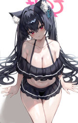 Rule 34 | 1girl, absurdres, alternate breast size, animal ear fluff, animal ears, bad id, bad pixiv id, bare shoulders, bikini, bikini skirt, black hair, blue archive, blush, breasts, cleavage, collarbone, hair ribbon, halo, head tilt, highres, indol, large breasts, long hair, looking at viewer, navel, off-shoulder bikini, off shoulder, parted lips, red eyes, ribbon, serika (blue archive), serika (swimsuit) (blue archive), sitting, solo, stomach, swimsuit, thighs, twintails, v-shaped eyebrows, very long hair