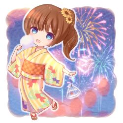 Rule 34 | 1girl, aerial fireworks, bag, bagged fish, blue eyes, brown hair, chibi, cotton candy, fireworks, fish, flower, food, full body, hair flower, hair ornament, highres, holding, holding food, japanese clothes, kimono, long hair, long sleeves, open mouth, original, ponytail, smile, solo, temari latte, wide sleeves, yukata