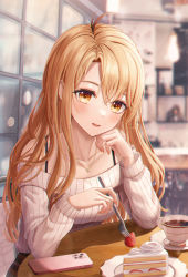 Rule 34 | 1girl, :d, absurdres, bare shoulders, blonde hair, blurry, blurry background, breasts, brown eyes, cake, cake slice, cellphone, coffee, collarbone, commentary, cup, depth of field, food, fork, funii, hair between eyes, highres, holding, holding fork, indoors, jewelry, long hair, looking at viewer, medium breasts, nail polish, off-shoulder sweater, off shoulder, open mouth, original, parted bangs, pendant, phone, plaid, plaid skirt, plate, pleated skirt, ribbed sweater, saucer, skirt, smile, solo, strawberry shortcake, sweater, symbol-only commentary, teeth, upper teeth only, very long hair, white sweater