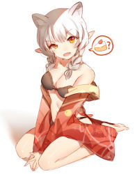 Rule 34 | 1girl, :d, ?, animal ears, barefoot, between legs, bison cangshu, black bra, black panties, bra, braid, breasts, cat ears, cleavage, collarbone, copyright request, fang, full body, hand between legs, head tilt, highres, long sleeves, looking at viewer, low twintails, medium breasts, navel, off shoulder, open mouth, panties, pointy ears, seiza, silk, sitting, smile, solo, spoken object, twin braids, twintails, underwear, white background