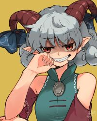 Rule 34 | 1girl, bare shoulders, breasts, covered collarbone, curly hair, earrings, grey hair, grin, hand up, highres, horns, jewelry, looking at viewer, pointy ears, raised eyebrow, red eyes, sharp teeth, short hair, simple background, small breasts, smile, solo, take no ko (4919400), teeth, touhou, toutetsu yuuma, upper body, yellow background
