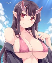 Rule 34 | 1girl, amane hasuhito, bikini, black hair, blush, breasts, day, horns, large breasts, long hair, looking at viewer, oni, oni horns, pink bikini, pointy ears, red eyes, red horns, smile, solo, swimsuit