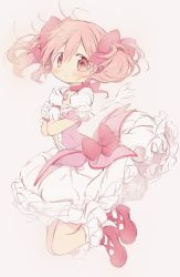 Rule 34 | 1girl, :o, absurdres, blush, boots, bow, bubble skirt, choker, eyes visible through hair, floating, full body, hair ribbon, hands up, highres, hitode, kaname madoka, knees up, magical girl, mahou shoujo madoka magica, mahou shoujo madoka magica (anime), pink eyes, red ribbon, ribbon, short twintails, skirt, solo, soul gem, tareme, twintails, wings, yellow eyes