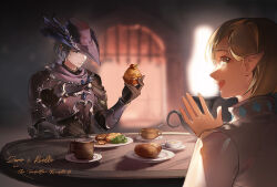 Rule 34 | 2girls, :d, armor, black eyes, black gloves, black hair, black headwear, blonde hair, blurry, blurry background, bowl, bread, breastplate, commentary, cup, cupcake, elezen, elf, english text, expressionless, final fantasy, final fantasy xiv, food, from side, gloves, green hair, hand up, hat, hat feather, highres, holding, holding knife, indoors, knife, looking at viewer, looking back, mug, multiple girls, open mouth, pauldrons, plate, pointy ears, rielle de caulignont, short hair, shoulder armor, single pauldron, sitting, smile, sx73, table, tricorne, upper body, vambraces, zero (ff14)