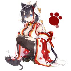 Rule 34 | 1girl, absurdres, animal, animal ears, bell, black hair, black pantyhose, blue eyes, breasts, cat, cat ears, cat paw, cat tail, cleavage, collar, commentary request, full body, hair ornament, highres, japanese clothes, jingle bell, kimono, kou mashiro, large breasts, looking at viewer, original, pantyhose, platform footwear, sandals, short hair, simple background, sleeveless, solo, squatting, tail, white background, wide sleeves