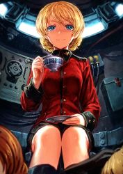 Rule 34 | 10s, 1girl, black footwear, black skirt, boots, braid, commentary, cup, darjeeling (girls und panzer), girls und panzer, holding, jacket, lain, light smile, long sleeves, looking at viewer, military, military uniform, miniskirt, parted lips, pleated skirt, red jacket, saucer, short hair, sitting, skirt, tank interior, teacup, uniform