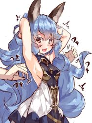 Rule 34 | 1girl, ^^^, arms behind head, bare arms, bare shoulders, blue dress, blue hair, blush, breasts, brown eyes, dress, erune, fang, ferry (granblue fantasy), granblue fantasy, hair between eyes, long hair, medium breasts, open mouth, sideboob, simple background, sleeveless, sleeveless dress, solo focus, very long hair, white background, yuuji (yukimimi)
