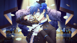 Rule 34 | 1boy, ascot, black jacket, blue eyes, blue flower, blue hair, blue rose, blue theme, brooch, carnival mask, city, floral background, flower, gloves, hair flower, hair ornament, hands up, hat, holding, holding scissors, jacket, jewelry, kaito (vocaloid), long sleeves, male focus, mask, masked, night, nokuhashi, open clothes, open jacket, petals, rose, scissors, smile, solo, thread, vocaloid, white gloves