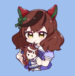 Rule 34 | 1girl, :d, :o, animal ears, blue background, blush, bow, brown eyes, brown hair, character doll, commentary request, cropped torso, doll, ear bow, green bow, holding, holding doll, horse ears, multicolored hair, nice nature (umamusume), nozo (hitomiz), open mouth, parted lips, puffy short sleeves, puffy sleeves, purple shirt, shirt, short sleeves, simple background, smile, solid circle eyes, solo, streaked hair, tokai teio (umamusume), twintails, umamusume, upper body, white hair