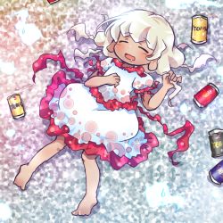 Rule 34 | 1girl, barefoot, beer can, can, chibi, closed eyes, dark-skinned female, dark skin, dress, drink can, drooling, drunk, earlobes, ebisu eika, hand on own chest, hitodama, holding, holding own hair, long earlobes, lying, on back, pote (ptkan), puffy short sleeves, puffy sleeves, short hair, short sleeves, silver hair, solo, sweatdrop, touhou, white dress