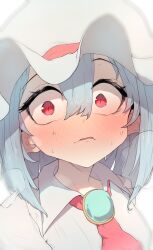 Rule 34 | 1girl, ascot, blue hair, blush, bow, commentary, dress, ear blush, hat, hat ribbon, looking at viewer, mob cap, open mouth, red eyes, remilia scarlet, ribbon, short hair, slit pupils, solo, sotatsudraw, sweat, touhou, wavy mouth