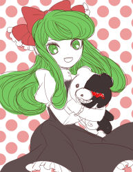 Rule 34 | 1girl, alternate costume, alternate hair length, alternate hairstyle, black dress, bow, child, danganronpa (series), dress, ears, frilled dress, frills, green eyes, green hair, hair bow, highres, holding, holding stuffed toy, holding stuffed animal, holding stuffed toy, long hair, looking at viewer, monokuma, multicolored clothes, multicolored dress, open mouth, stuffed toy, red bow, red headwear, simple background, sketch, standing, stuffed animal, stuffed toy, teddy bear, teeth, towa monaca, upper teeth only
