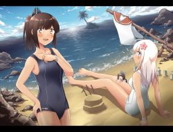 Rule 34 | 3girls, ahoge, any (lucky denver mint), ass, bare arms, bare legs, bare shoulders, barefoot, beach, blue sky, blush, bracelet, breasts, brown eyes, brown hair, cloud, collarbone, commentary request, day, fairy (kancolle), flower, hair flower, hair ornament, hairclip, hand on own hip, horizon, i-401 (kancolle), jewelry, kantai collection, long hair, looking at viewer, multiple girls, ocean, one-piece swimsuit, one-piece tan, open mouth, orange sailor collar, outdoors, palm tree, ponytail, revision, ro-500 (kancolle), rock, sailor collar, sand, school swimsuit, short hair, short ponytail, side-tie shirt, sitting, sky, smile, standing, swimsuit, tan, tanline, tree, water