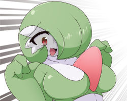 Rule 34 | 1girl, bob cut, breasts, collarbone, colored skin, constricted pupils, creatures (company), fang, female focus, game freak, gardevoir, gen 3 pokemon, green hair, green skin, hair over one eye, hands up, ikuzonomiki12, large breasts, looking down, multicolored skin, nervous smile, nintendo, one eye covered, open mouth, pokemon, pokemon (creature), red eyes, short hair, sideways mouth, skin fang, smile, solo, striped, striped background, tears, textless version, turn pale, two-tone background, two-tone skin, upper body, wavy mouth, white skin