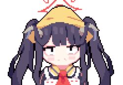 Rule 34 | 1girl, animated, animated gif, black hair, black horns, blue archive, fuuka (blue archive), halo, head scarf, horns, huh? cat (meme), jitome, long hair, looking at viewer, meme, open mouth, piao mao, pixel art, red halo, simple background, solo, twintails, white background
