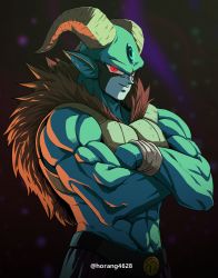 Rule 34 | 1boy, blue skin, closed mouth, colored skin, crossed arms, dragon ball, dragon ball super, forehead jewel, highres, horang4628, male focus, moro (dragon ball), muscular, muscular male, pointy ears, red eyes, slit pupils, smile, solo