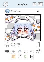 Rule 34 | 0725akaba, 1girl, :d, animal ear fluff, animal ears, black gloves, blue hair, blush, braid, brand name imitation, brown eyes, carrot hair ornament, checkered floor, chibi, comiket 100, detached sleeves, don-chan (usada pekora), food-themed hair ornament, gloves, hair between eyes, hair ornament, hololive, instagram, looking at viewer, low twintails, multicolored hair, open mouth, paper airplane, pekomon (usada pekora), puffy short sleeves, puffy sleeves, rabbit ears, red eyes, short eyebrows, short sleeves, smile, speech bubble, star (symbol), thick eyebrows, translation request, twin braids, twintails, two-tone hair, usada pekora, usada pekora (1st costume), virtual youtuber, white hair, white sleeves