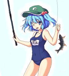 Rule 34 | 1girl, blue eyes, blue hair, breasts, fish, fishing, fishing rod, hair bobbles, hair ornament, hat, holding, holding fishing rod, isaki (gomi), kawashiro nitori, matching hair/eyes, name tag, one-piece swimsuit, one eye closed, open mouth, school swimsuit, short hair, small breasts, smile, solo, swimsuit, touhou, twintails, two side up, wink