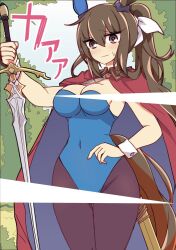 Rule 34 | 1girl, admire vega (umamusume), alternate costume, animal ears, bare shoulders, black pantyhose, blue leotard, blush, bow, breasts, brown hair, cape, cleavage, commentary request, cowboy shot, ear covers, hair between eyes, highres, holding, holding sword, holding weapon, horse ears, horse girl, horse tail, large breasts, leotard, long hair, outdoors, pantyhose, ponytail, purple eyes, single ear cover, solo, strapless, strapless leotard, sweat, sword, tail, umamusume, wahiko (black bastard), weapon, white bow, wrist cuffs